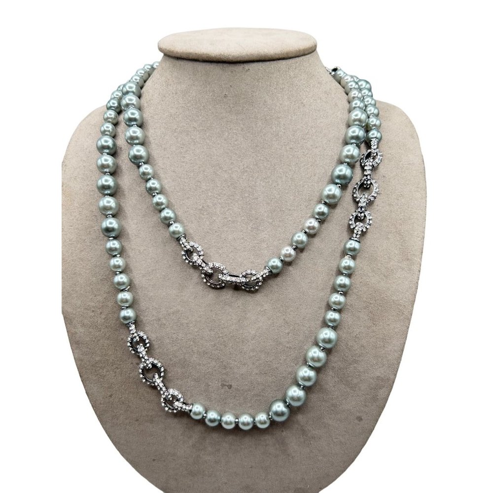 Vintage Anne Klein Grey Pearl Beads Necklace Long Single Strand Rhinestone Links